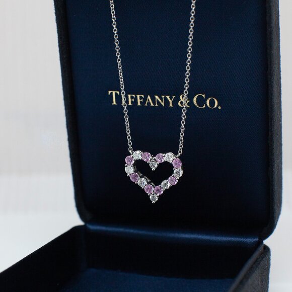 Vintage Tiffany & Co. Platinum Heart Necklace with Diamonds & Pink Sapphires - Picture 1 of 9